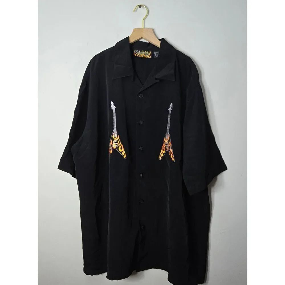 Dragonfly Shirt Men's Button Down Size XXL Black Guitar Flames Hard Rock